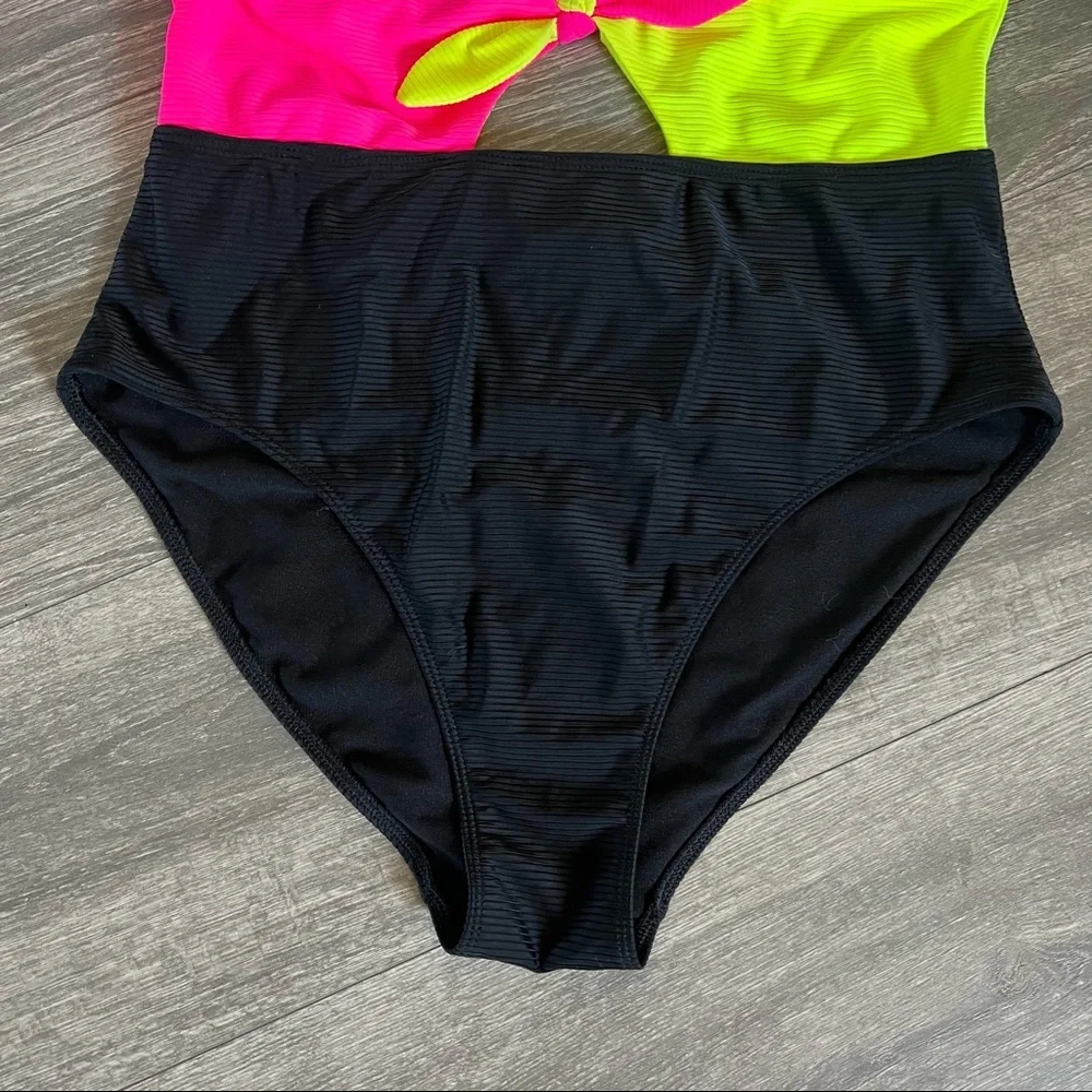 No boundaries Highlighter Neon Yellow Pink Black Tie Front One Piece Swimsuit L